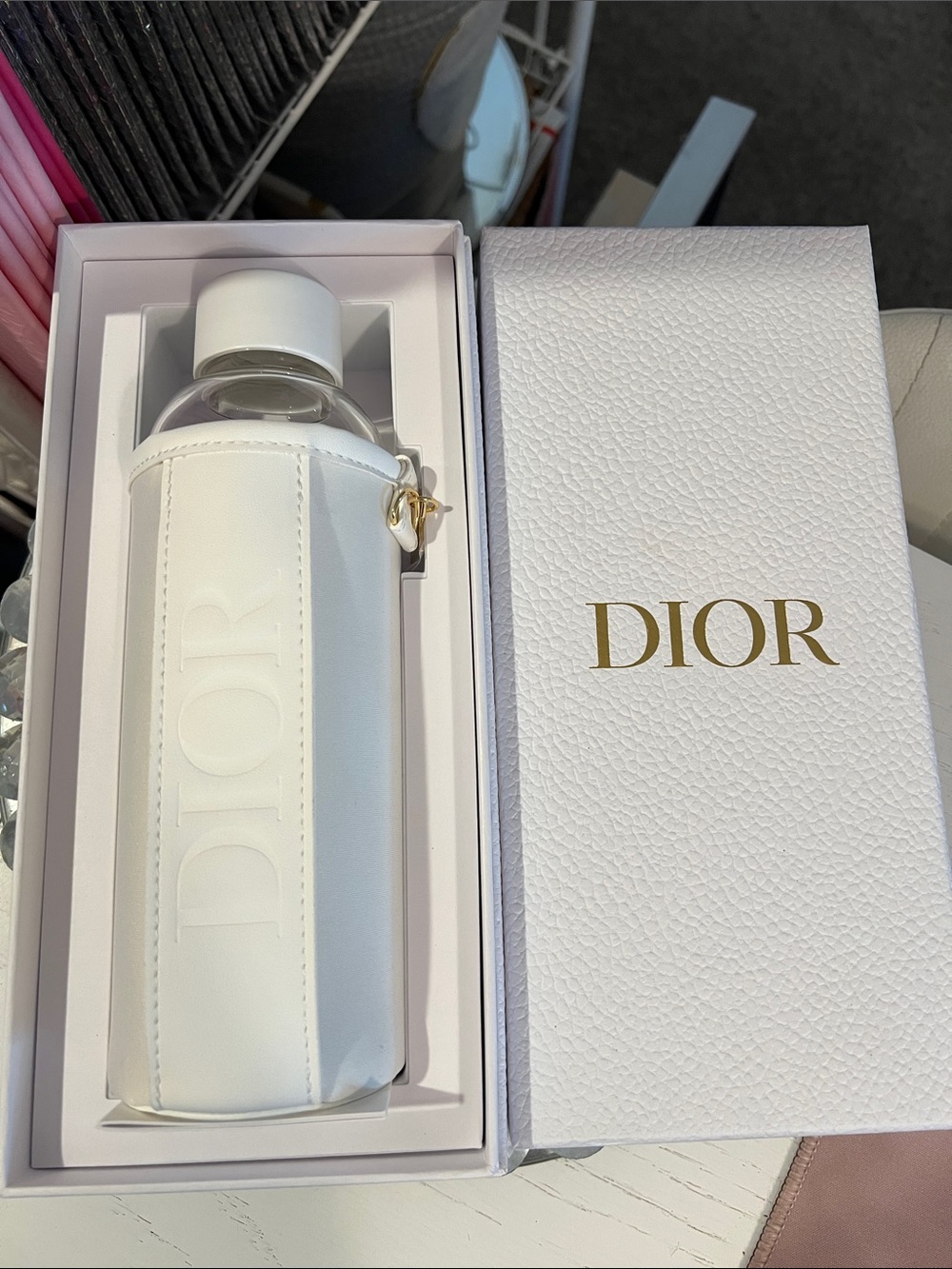 Dior Branded Glass Water Bottle with Handle & Charm